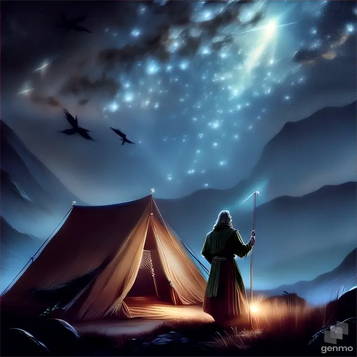 a man standing in front of a tent under a star filled sky