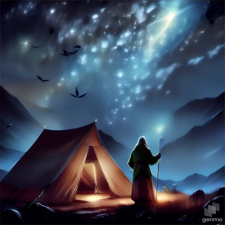 a man standing in front of a tent under a star filled sky