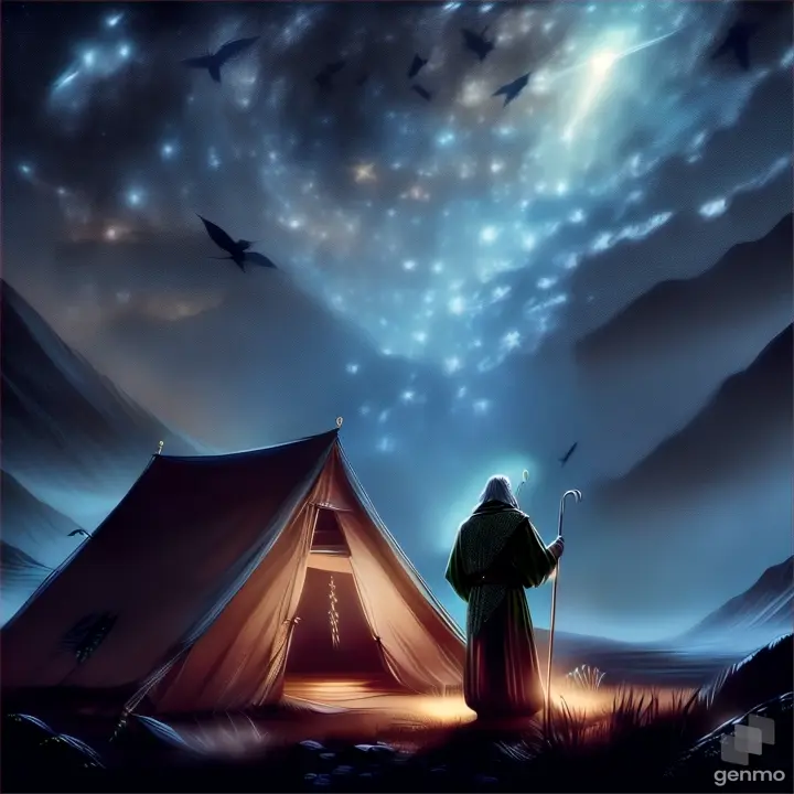 a man standing in front of a tent under a star filled sky