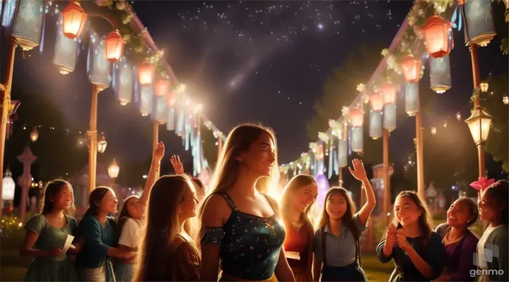 To celebrate their hard work, curious girl and her friends organize a festival in a garden. They invite the whole village, who marvel at the transformation. The statue's lantern, now glowing with a magical light, symbolizes the hope and joy the garden brings to everyone.