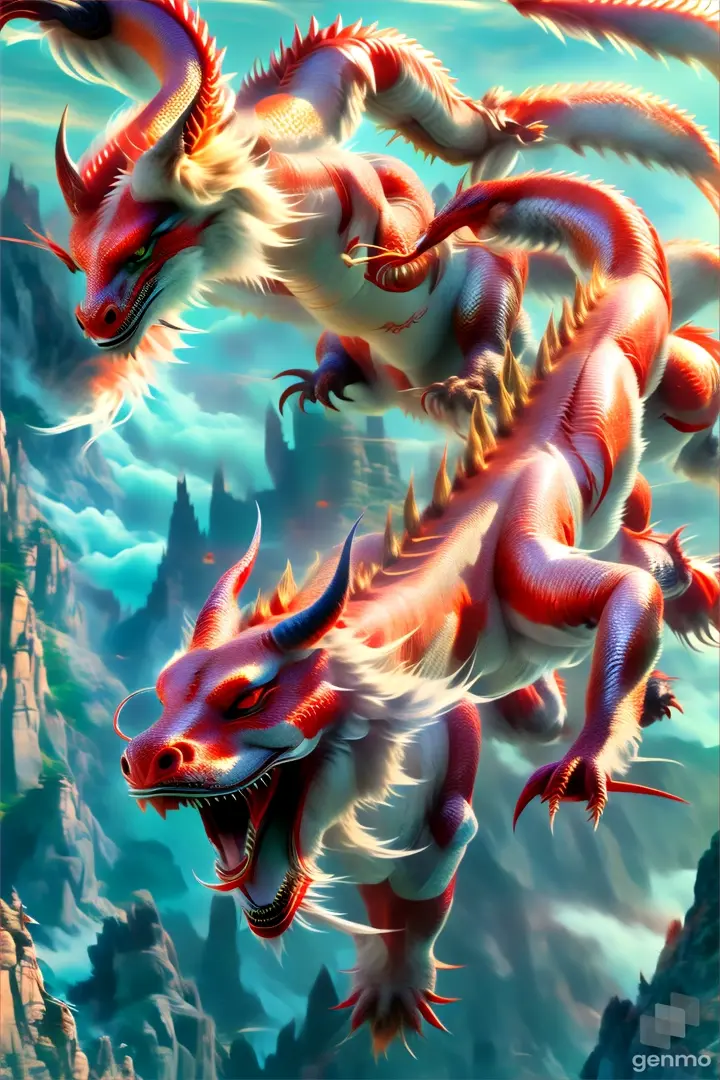 a painting of two red dragon flying over a mountain