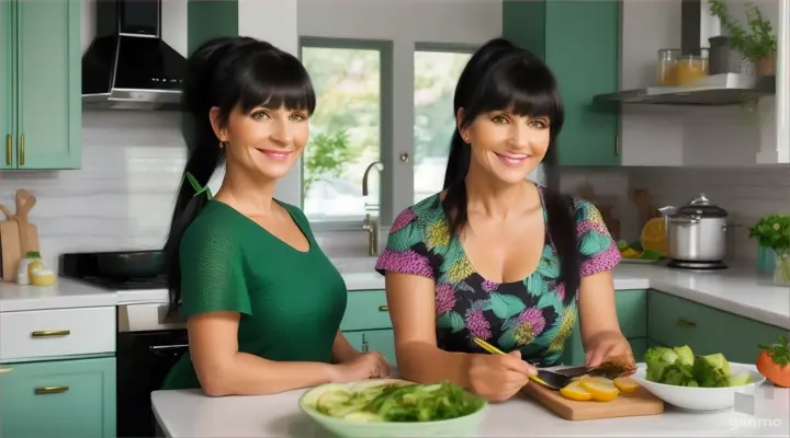 une belle femme de 40 ans, souriante, aux cheveux noirs et aux yeux verts clairs, avec une frange sur le front et une queue de cheval, fait la cuisine dans sa cuisine.