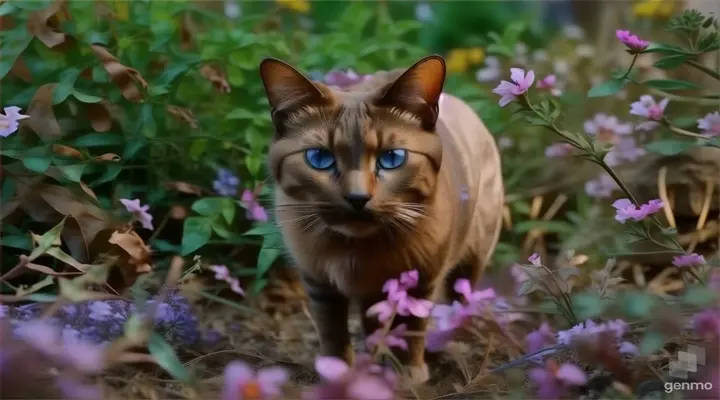 a cat with blue eyes walking through a field of flowers