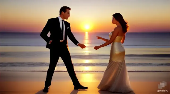 a man in a suit and a women in dress in the beach, couple dance, clear face,  opened eyes. 16:9