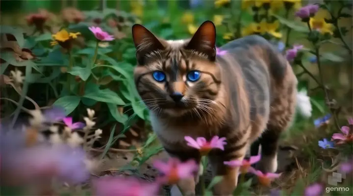 a cat with blue eyes walking through a field of flowers 