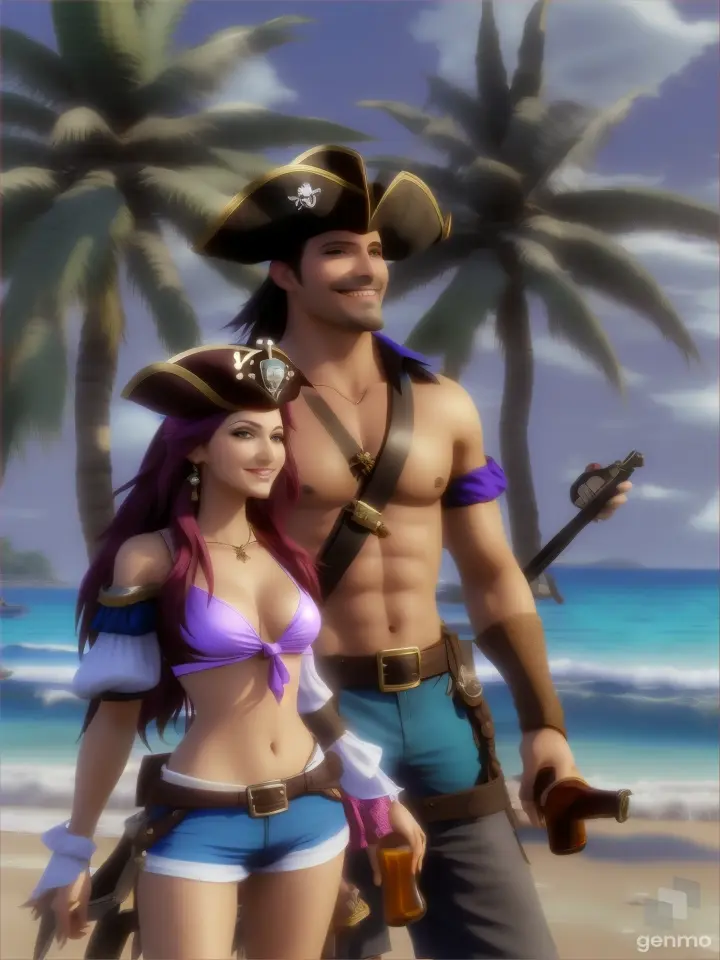 a lady pirate and a man pirate on a deserted beach, have bottles of beer and smile