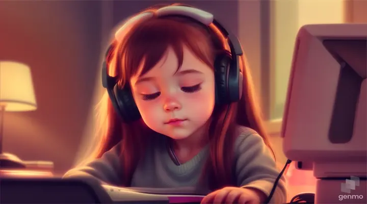 Little girl sitting on the floor in front of a computer with her puppy and listening to music in a cozy room at night, Eyes closed, Wearing headphones, Anime style 2D, Lo-fi, highly detailed, HD