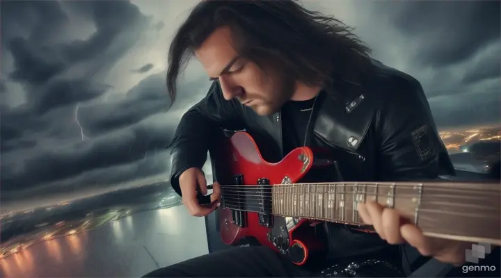 Guitarrita Max Steeller guitarrista heavy metalero tocando arriba de un avión parado en la noche tormentosa lluvioso con viento y rayos