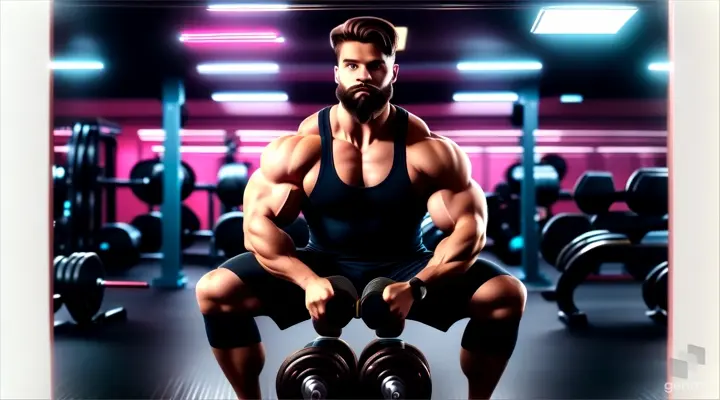 a man with a beard squatting on a bench with a pair of dumbbell