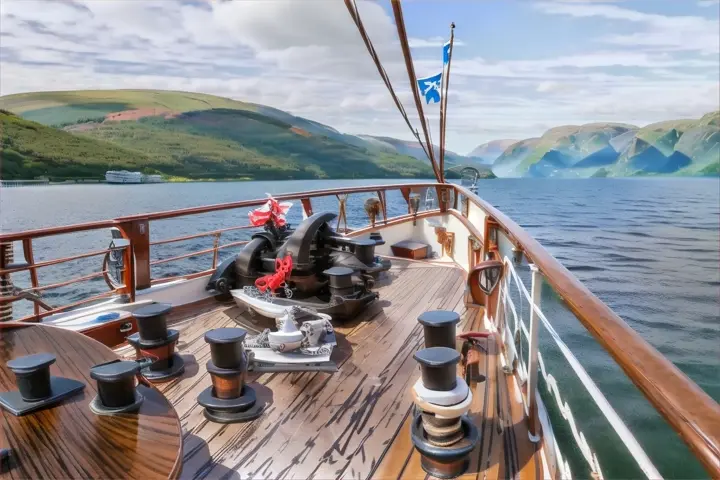 a view of the deck of a boat on the water