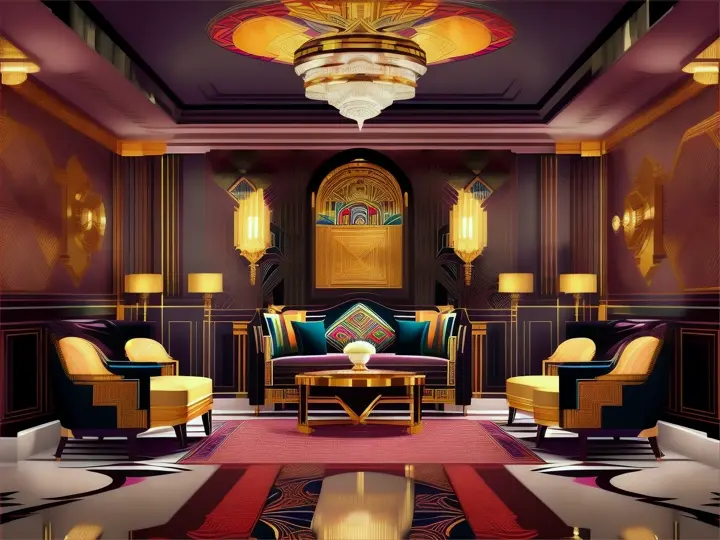 Art deco inspired interior, vibrant colors and geometric patterns, illustration