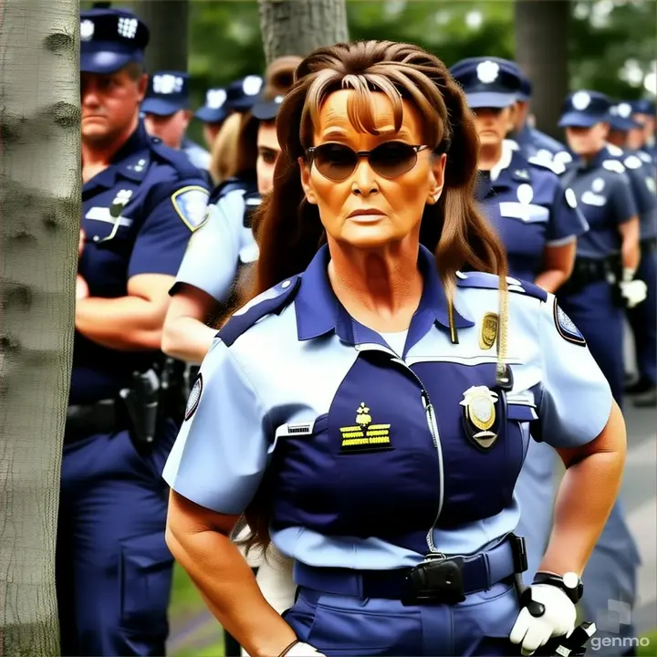a woman in a police uniform standing next to a tree