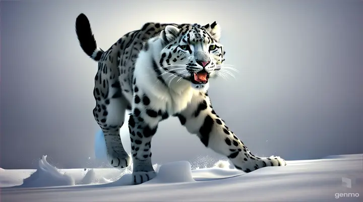 A stylized 3D render of a snow leopard jumping to attack its prey in a minimalist environment, with simple linework providing high contrast