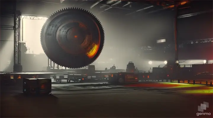 This image captures the essence of a dieselpunk rave taking place within the confines of an old, rusted hangar. The hangar, once a bustling workspace for a lathe shop, now stands as a testament to the passage of time. Its interior is filled with large, looming machinery and tools, their once shiny surfaces now dulled and rusted.

In the foreground, a DJ stands behind a console, their figure partially obscured by the saw blades that adorn the turntables. They are dressed in overalls, worn and dusty, mirroring the aged appearance of the hangar. The DJ's hands are busy at work, mixing the dubstep music that fills the air.

The crowd, though not visible in this particular shot, can be imagined as a sea of people moving to the rhythm of the music. Their silhouettes would be visible against the backdrop of the hangar, their movements creating a dynamic and energetic atmosphere.