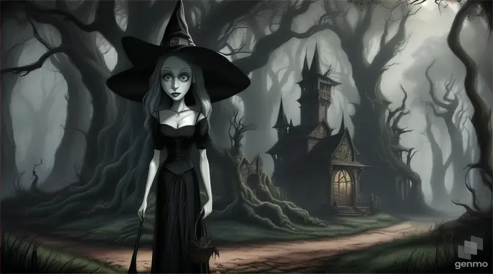 Cartoon very  horrible witch near 20 years old beautiful girl in black magical jungle 