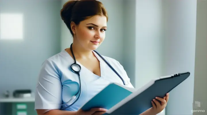 a beautiful pragnent Russian plus size woman in scrubs holding a clipboard in a hospital