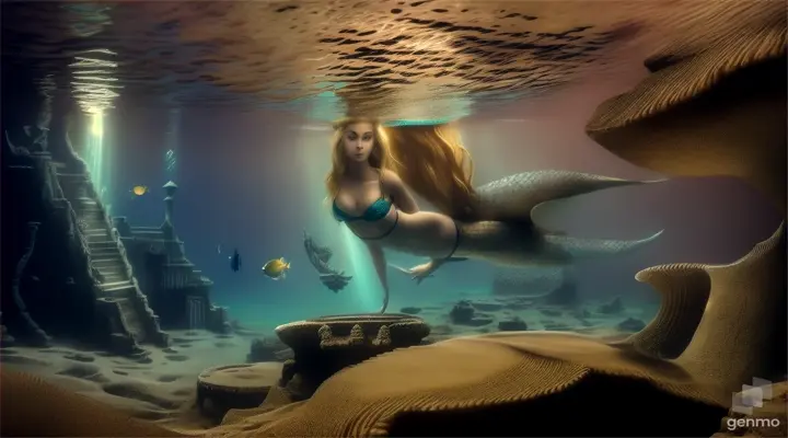 (masterpiece, best quality), close up, A beautiful blonde mermaid with piercing eyes glancing down towards the ground, in the ruins of Atlantis. a dark and moody atmosphere deep depths of the ocean, sea floor, ground, water motion,