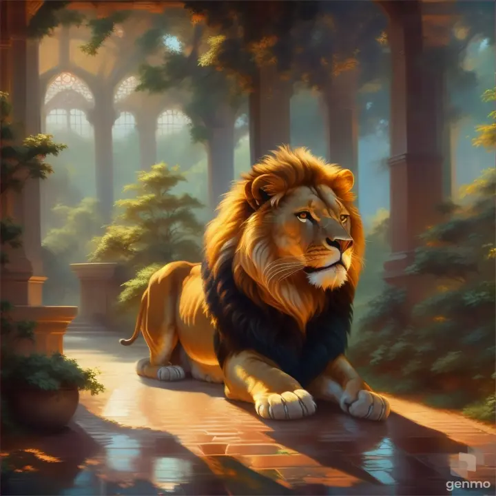 a painting of a lion sitting on the ground