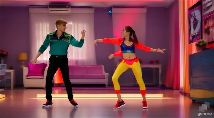 INT. OLEG'S ROOM, PETROV HOUSE - DAY
In another room, Rukhin Magerramov is
dancing to a JustDance game. The song currently playing is a
K/DA song. Xenonya and Skinny guy Alexander Turov enter the room.
ANDREY PETROV
(in normal voice)
Oh, my. Hahaaa! What music is that?
Вот это да. Ха-ха-ха! Что это за
музыка?
OLEG
MORE! Hahahaaaa! ВСЕ! Хахахааа!
(clapping to the beat)
Unhh! Unhh!
201.
ANDREY PETROV
Oh, here come the matrix!
Here come the matrix! О, а
вот и матрица! А вот и
матрица!
(clap and slow wild arcing
dance move)
Woooooah!
OLEG (CONT'D)
(simultaneously after the
clap)
Woooah!
ANDREY PETROV (CONT'D)
...Aaaaahaaahahahahahahaaa!
OLEG (CONT'D)
...Aaaaahaaahahahahahahaaa!
ANDREY PETROV (CONT'D)
Keep playing, Oleg! This is
amazing! I can't help but dance to
this music. Продолжай играть, Олег!
Это потрясающе! не могу удержаться
от танца под эту музыку.

Hyperrealistic 8K -neg morphing, erratic fluctuation in motion, noisy, bad quality, distorted, poorly drawn, blurry, grainy, low resolution, oversaturated, lack of detail, inconsistent lighting. 