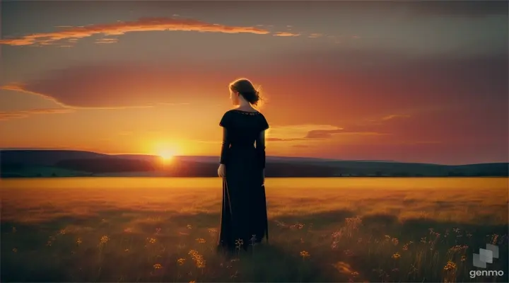 Scene: A woman standing alone in a field under a sunset sky. The glow of the sunset illuminates her face, casting a long shadow across the field. A scene full of loneliness. 16:9