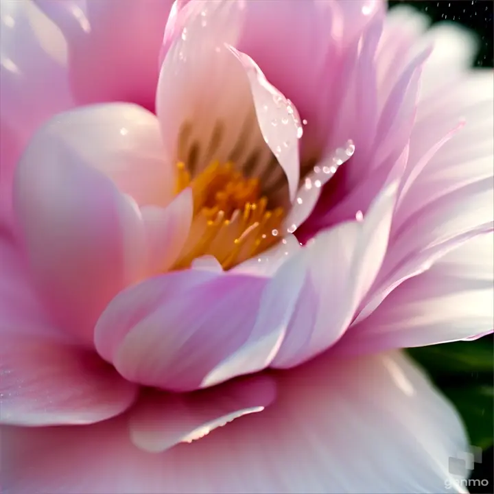 Vue macroscopique d'une fleur de pivoine et par dessus des gouttelettes d'eau