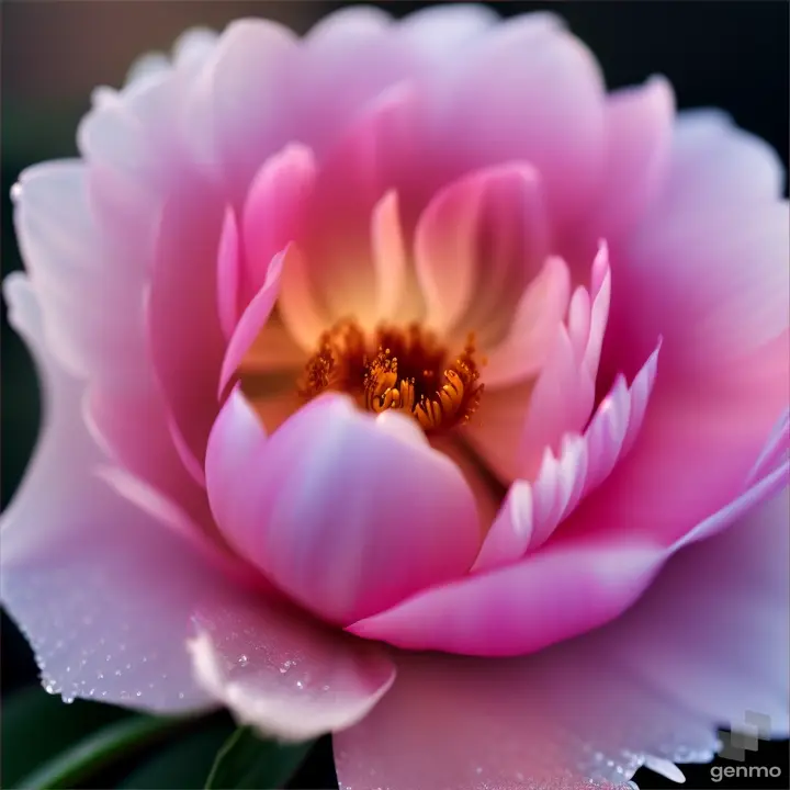 Vue macroscopique d'une fleur de pivoine et par dessus des gouttelettes d'eau
