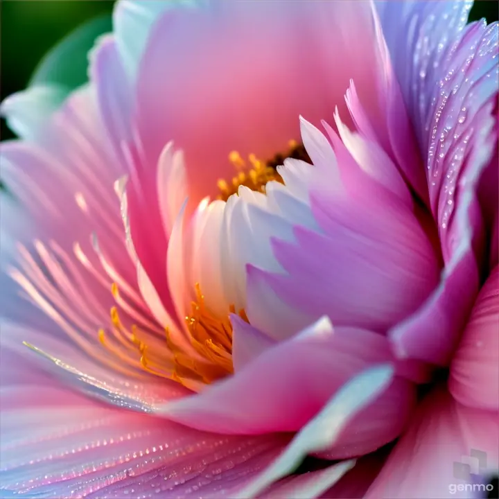 Vue macroscopique d'une fleur de pivoine et par dessus des gouttelettes d'eau