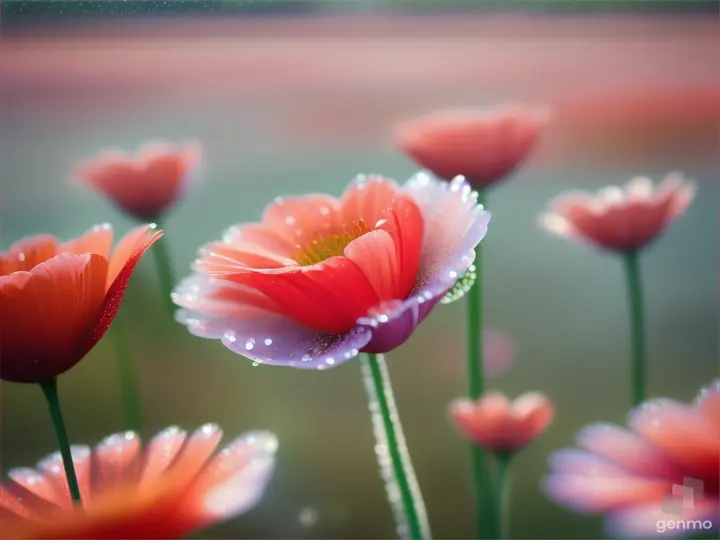 Vue macroscopique d'une fleur de coquelicots et par dessus des gouttelettes d'eau