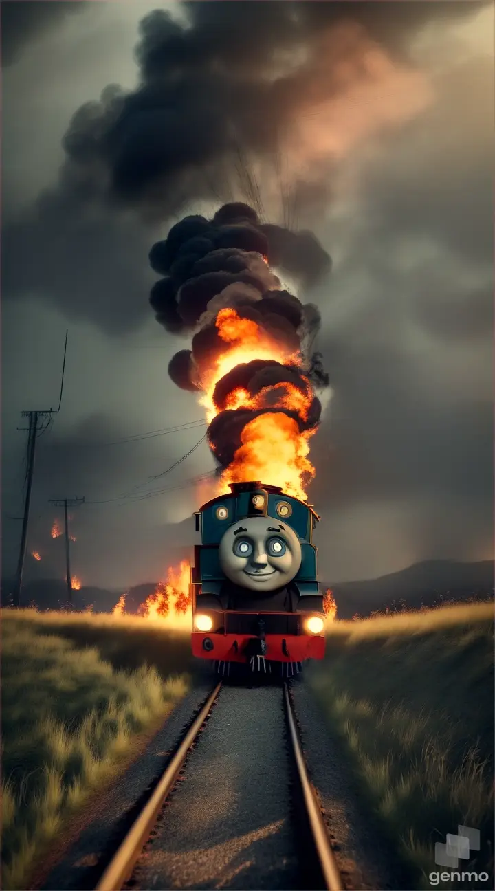 Create a masterpiece video of a Creepy Thomas the train :: 1 with GIANT SPIDER LEG :: 2 near Dead green Lake, flames, FIRE AND SMOKE, crows flying in background