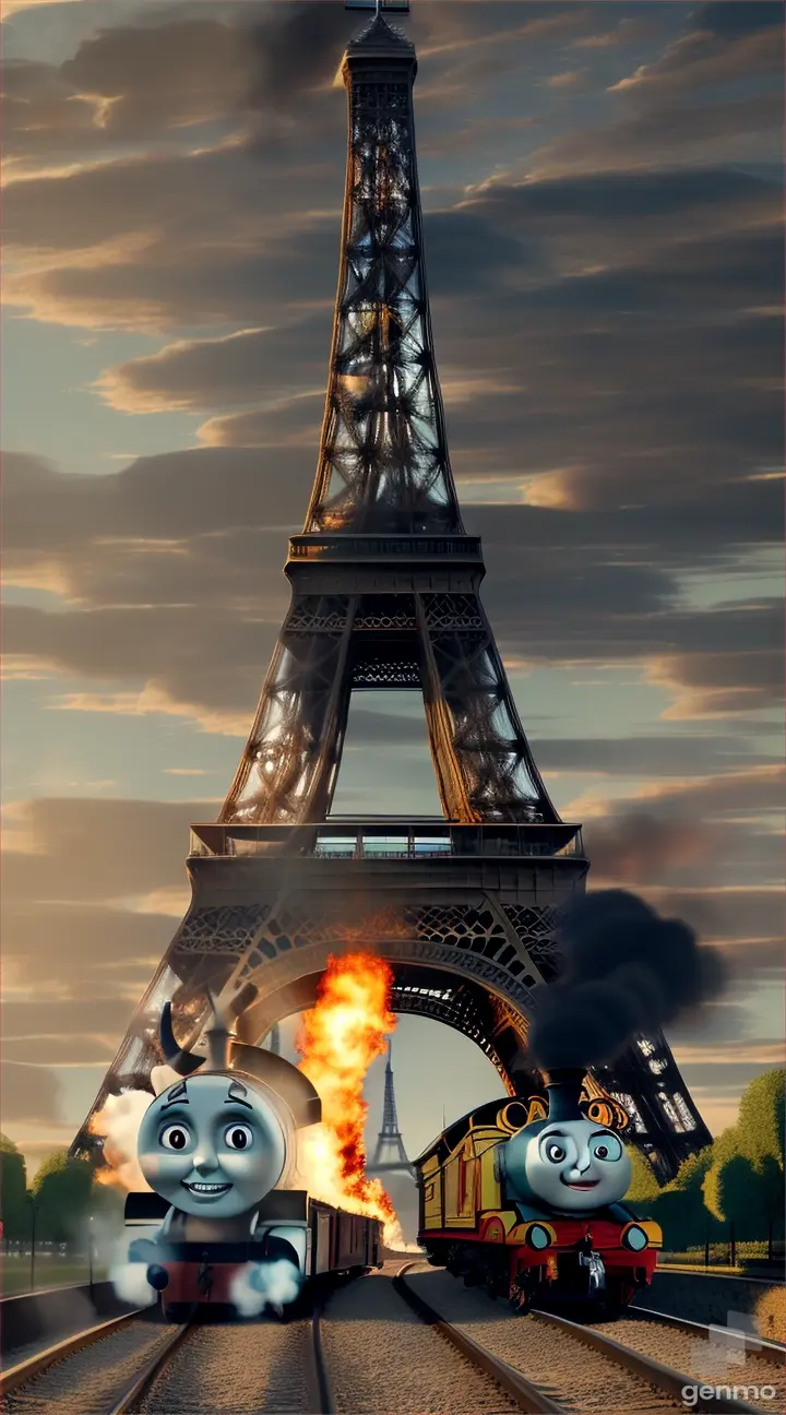 Create a THOMAS THE TRAIN with SHARP TEETH, bull HORNS,FIRE & SMOKE  near Eiffel tower
Seed: 3535567365