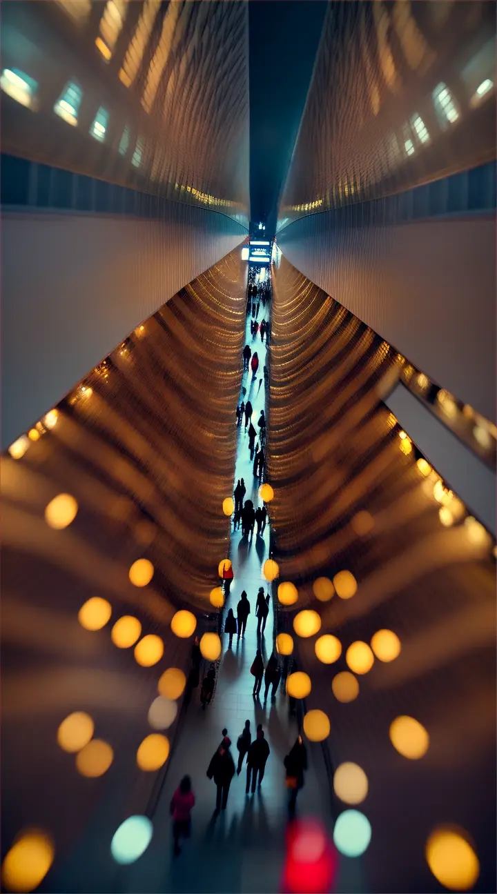 an overhead shot of a large shopping center.  The camera zooms in on a woman walking with determination, surrounded by bright lights and people shopping.