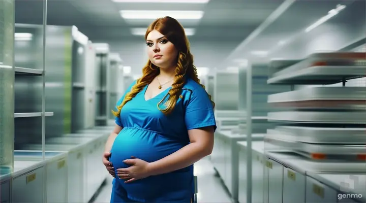 a beautiful pragnent Russian plus size woman Long hair tattoos in scrubs holding a clipboard in a hospital lab machines