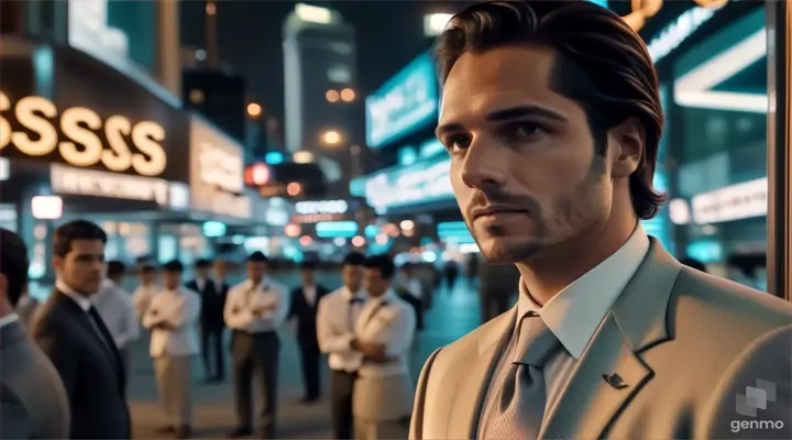 a man in a suit and tie standing in front of a building