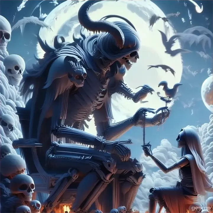 a painting of a skeleton sitting on a chair in front of a full moon