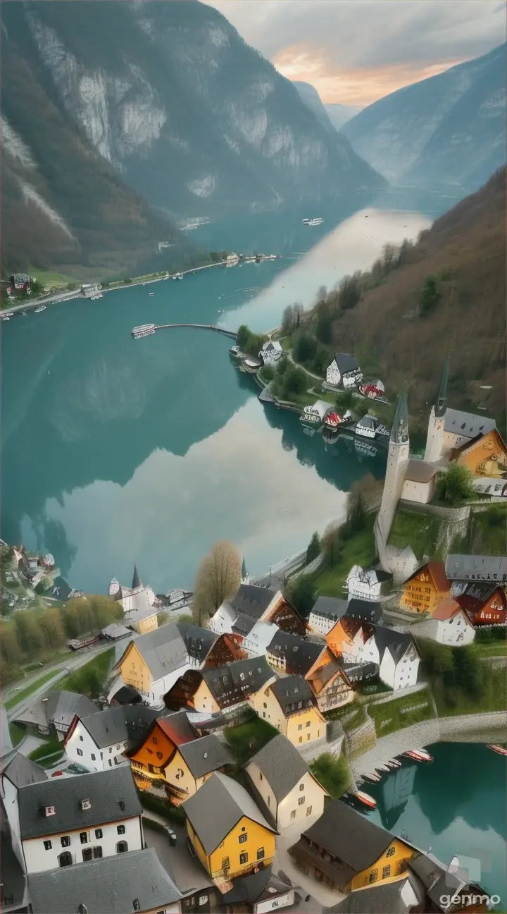 Cradled in the heart of Austria, Hallstatt is a dreamy lakeside village that seems to have leapt out of a watercolor painting; a harmonious blend of pristine waters, sky-piercing mountains, and pastel-colored houses is a testament to its ethereal beauty." --ar 9:16