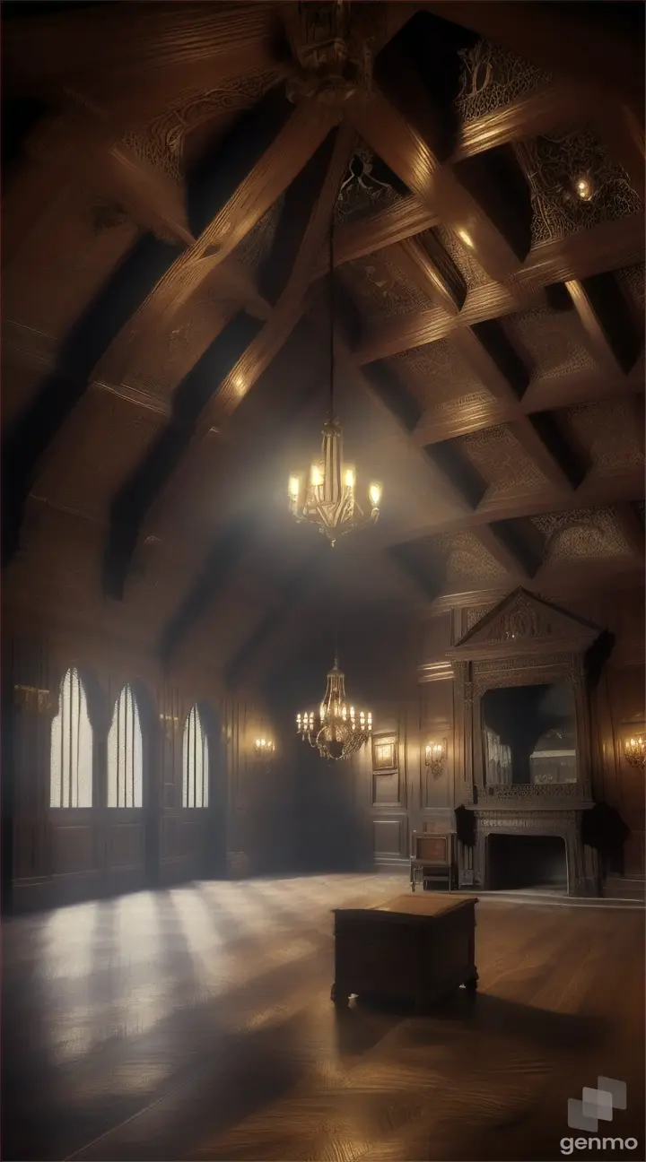 "The attic of the mansion, dimly lit and filled with dust and cobwebs, with an old, dusty chest in the center."
