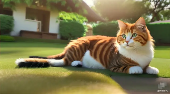 Fluffy beautiful cat of the Maikun cat breed, lying on the lawn in front of the house, clear eye detail , physiology of the animal body, realistic professional video