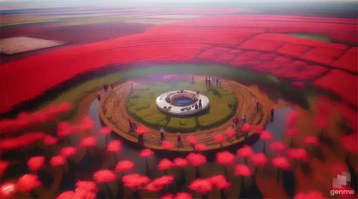 Doctors and hospitalists wearing stethoscopes floating above a  field of blooming red flowers 