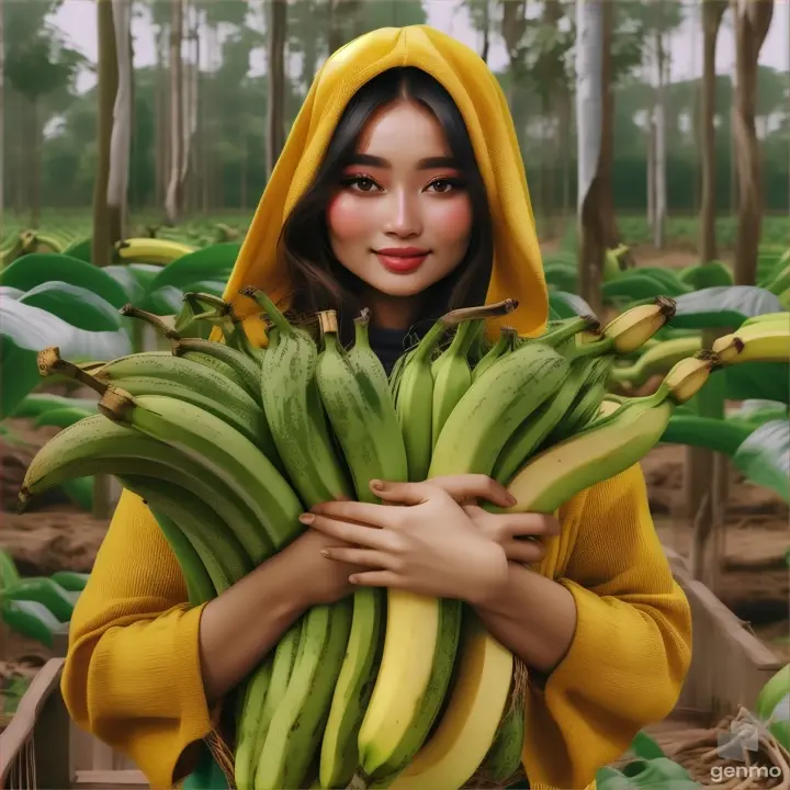 a woman holding a large bunch of green bananas