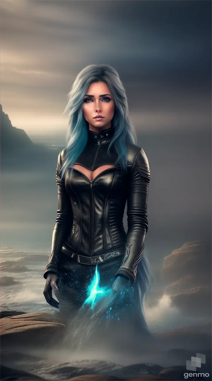 Create a hyper-realistic fantasy image of a young woman emerging from rocks, visible blue veins, looks like rock start, wearing leather jacket. Exposion of rocks, destruction by tornado The scene should be dynamic with intricate details, featuring photorealistic textures, dramatic lighting, and vivid colors. Use a cinematic style with high contrast and sharp focus. Gray details