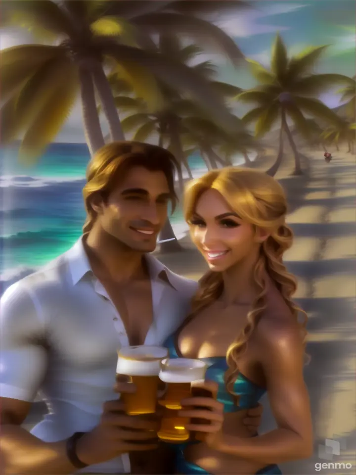 a man and a blonde woman holding glasses of beer on a deserted beach