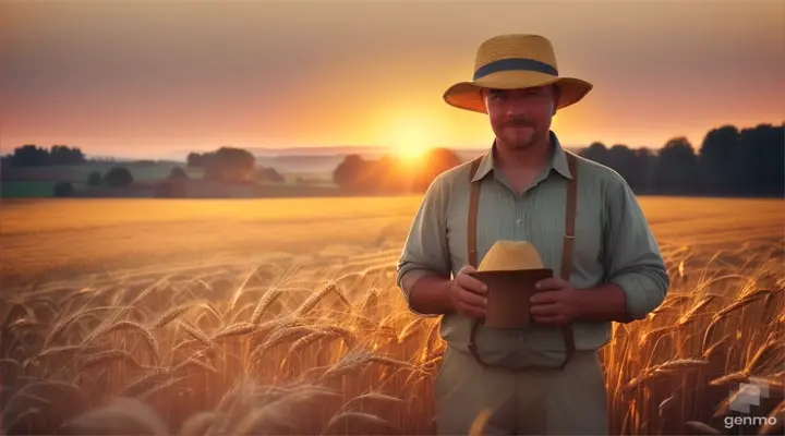 A poor farmer in a golden wheat field, hazy sunset in the background