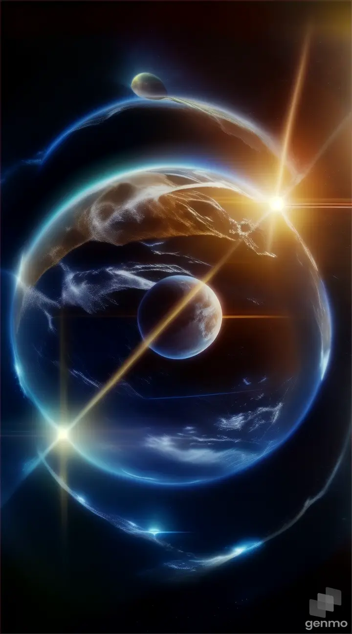 an image of a planet with a line of light coming out of it
