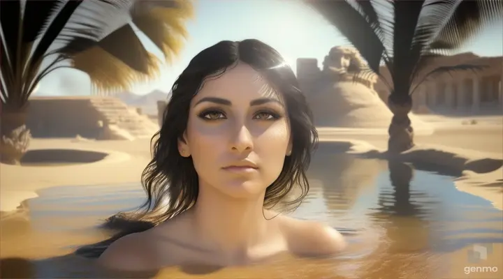Under a desert emerge a beautiful woman dark haired woman black eyes with a oasis 
