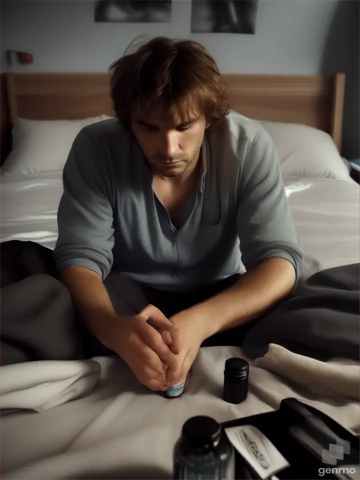 Hombre despertando en una habitación desordenada
