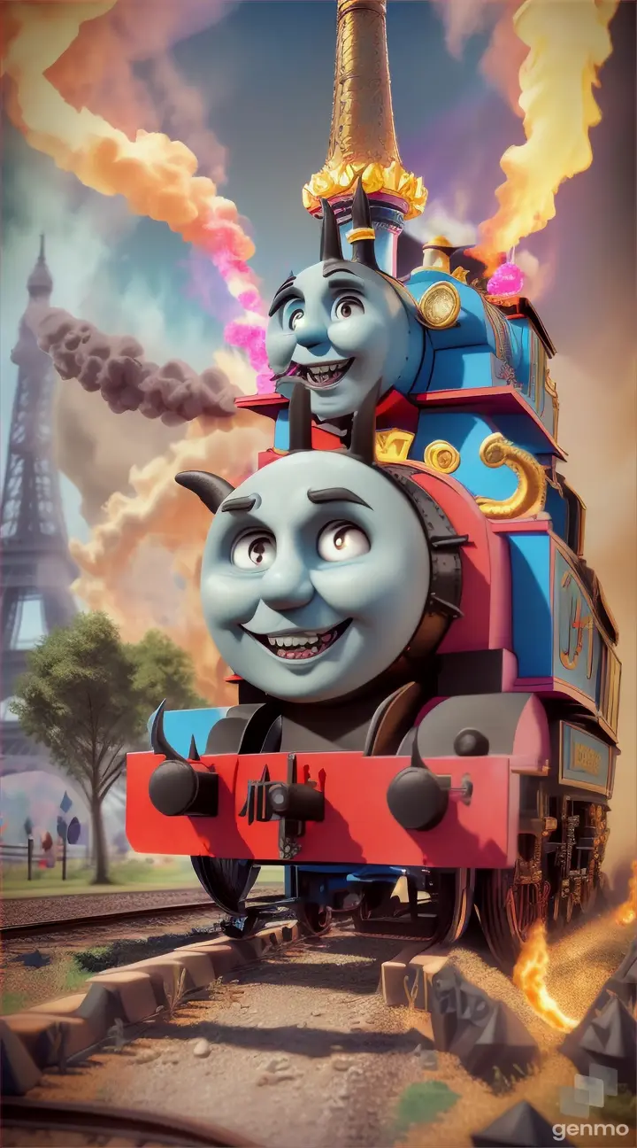 Create a THOMAS THE TRAIN with SHARP TEETH, bull HORNS,FIRE & SMOKE  near Eiffel tower in candy land