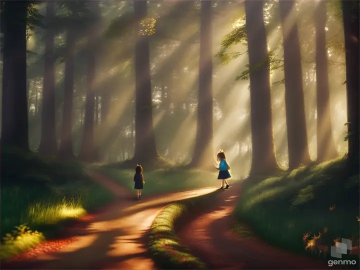 As little girl enter the forest as the base of the mountains. She met a friendly deer. Deer offer to guide her through the forest. Together, deer and little girl walked under the canopy the tall trees, listening to the songs of birds and rustling leaves.