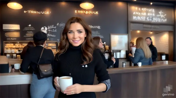 une belle femme de 40 ans, souriante, aux cheveux noirs et aux yeux verts clairs, avec une frange sur le front et une queue de cheval, commande un café au Starbuck café.