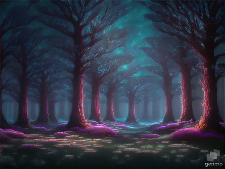 Gleaming bioluminescent forest under a full moon, ethereal glow, digital art