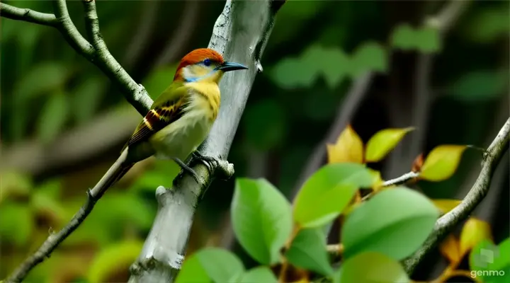 a bird perched on a tree branch in a forest